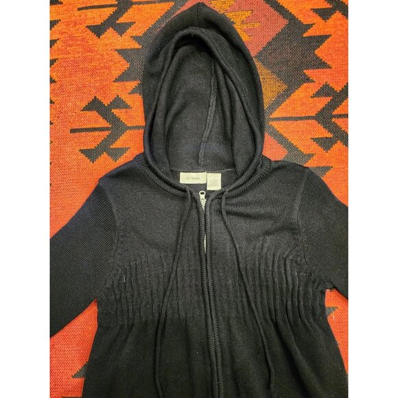 NEW Vintage Ci Sono Black Hooded Longline Sweater Coat Women's L Zip Closure - Picture 4 of 16